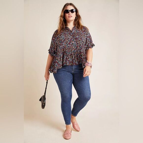 Mauve by Anthropologie Button Up Ruffle Black Floral Collared Top Size Small - Picture 16 of 16